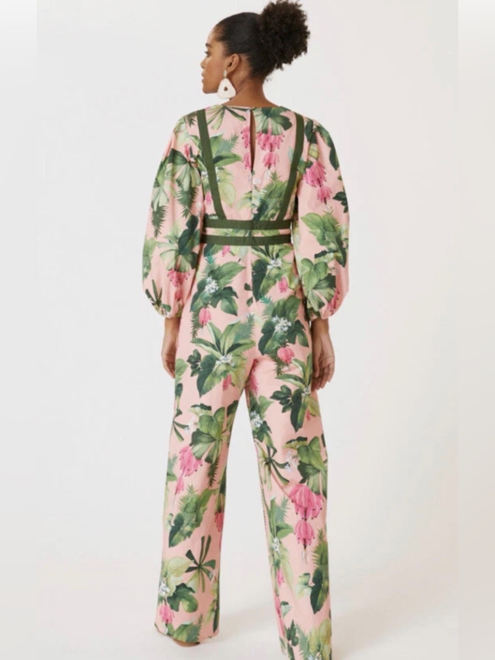 Anthropologie Pink Tropical Floral Wide-Leg Jumpsuit with Green Trim - Picture 2 of 6